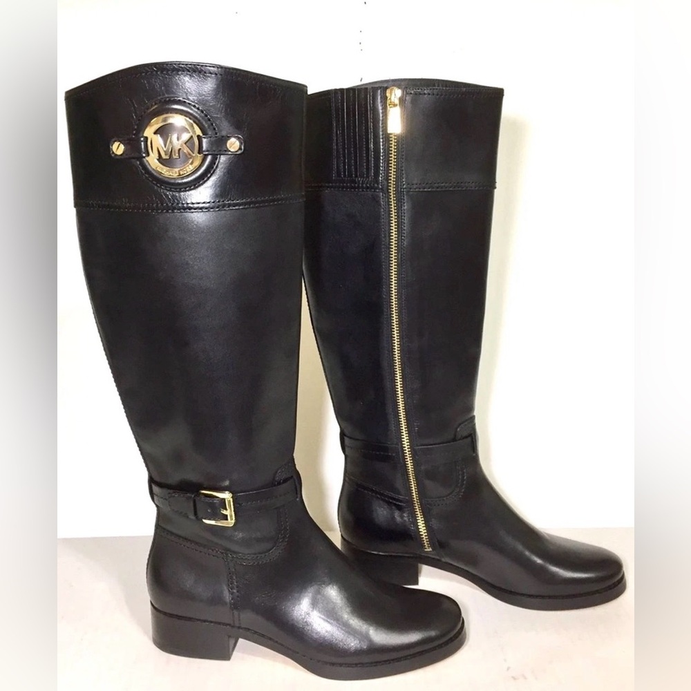 Michael Kors Black Tall Leather Healed Zip Up Boots & Gold Accents Size 8 NWOB - Picture 1 of 13
